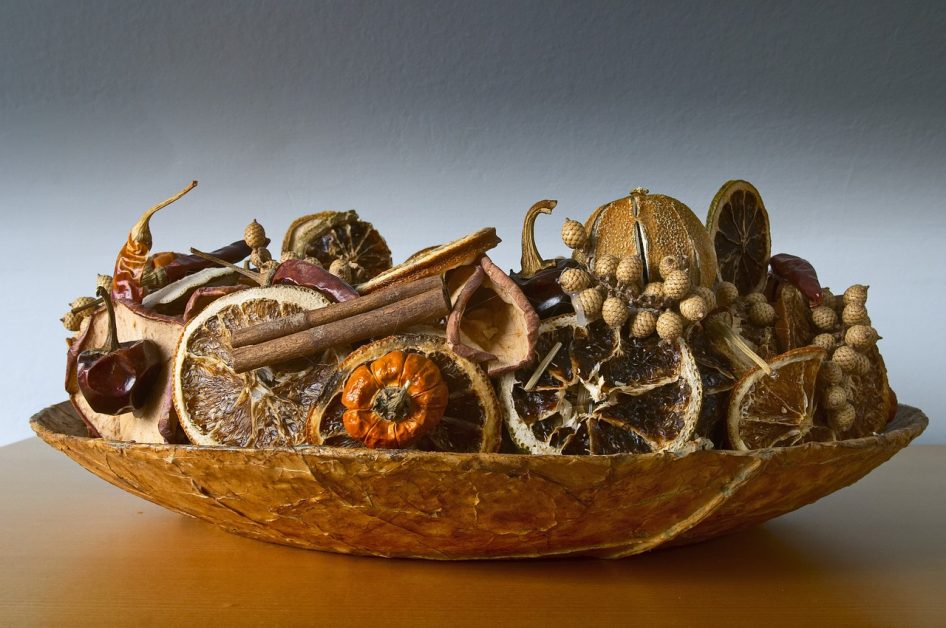 Bowl of Dried Leaves and Fruit