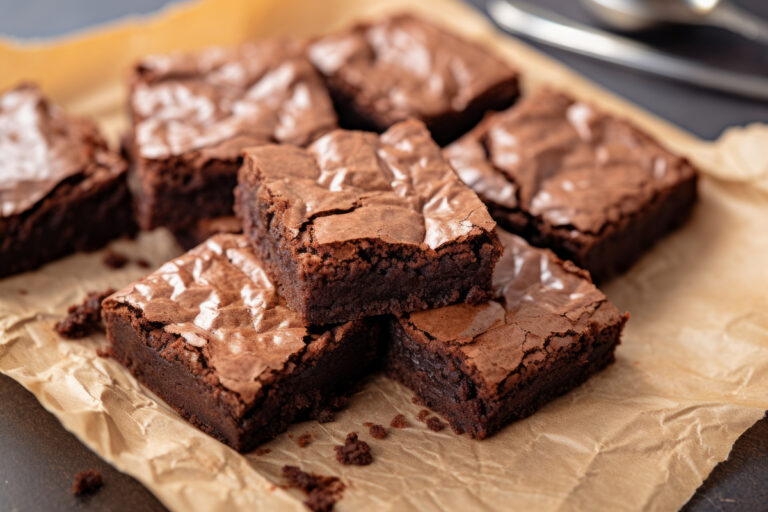 Freshly baked homemade brownies on parchment paper