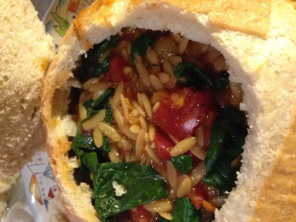 Vegetarian Orzo Spinach Soup in Bread Bowl