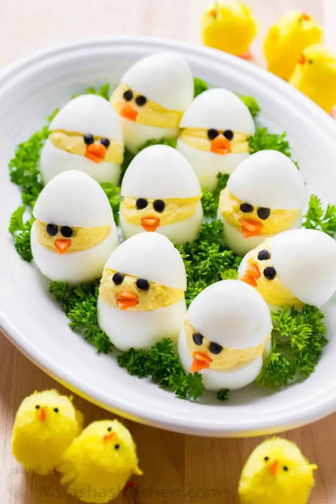 hard boiled eggs decorated as chicks