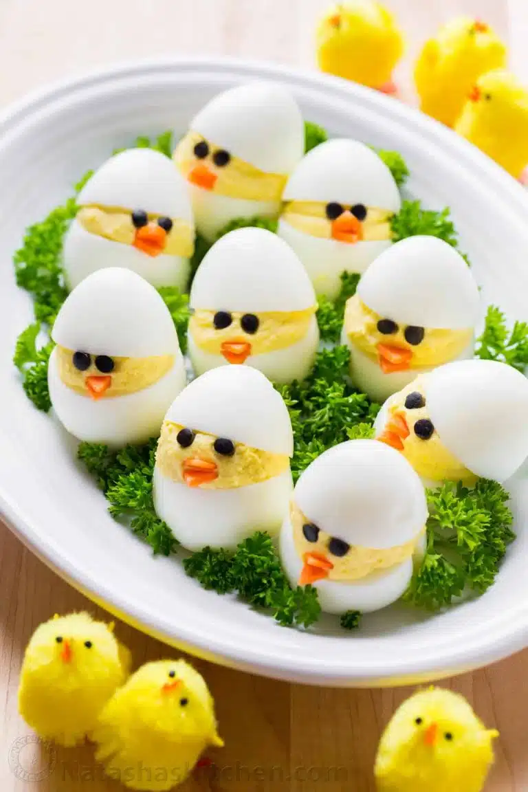 hard boiled eggs decorated as chicks