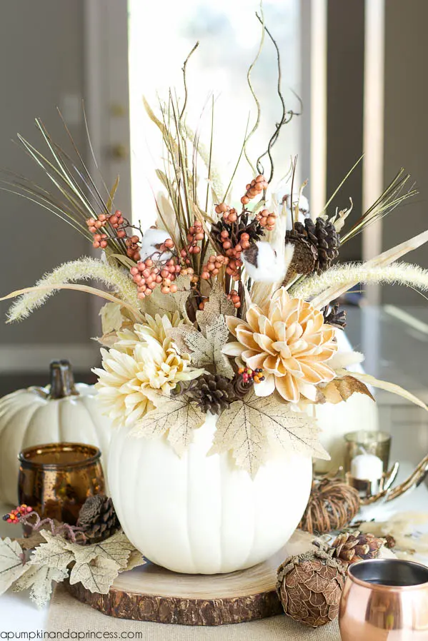 a pumpkin and a princess white flower vase fall craft idea