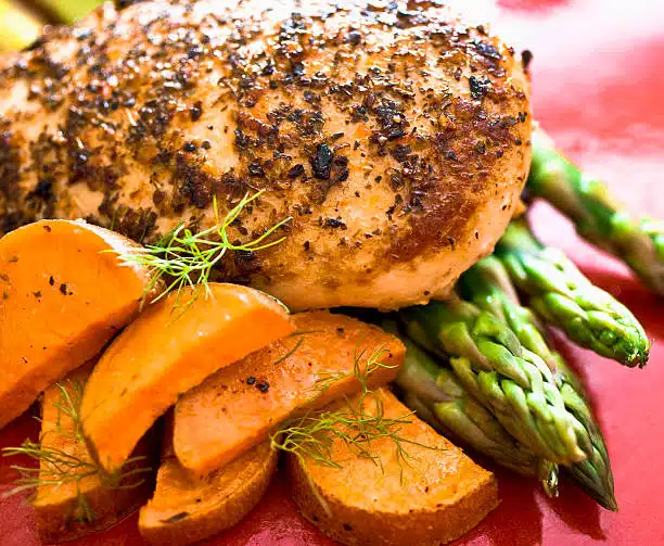 seasoned chicken with sweet potato and asparagus