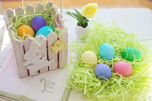 Easter eggs in fake green grass