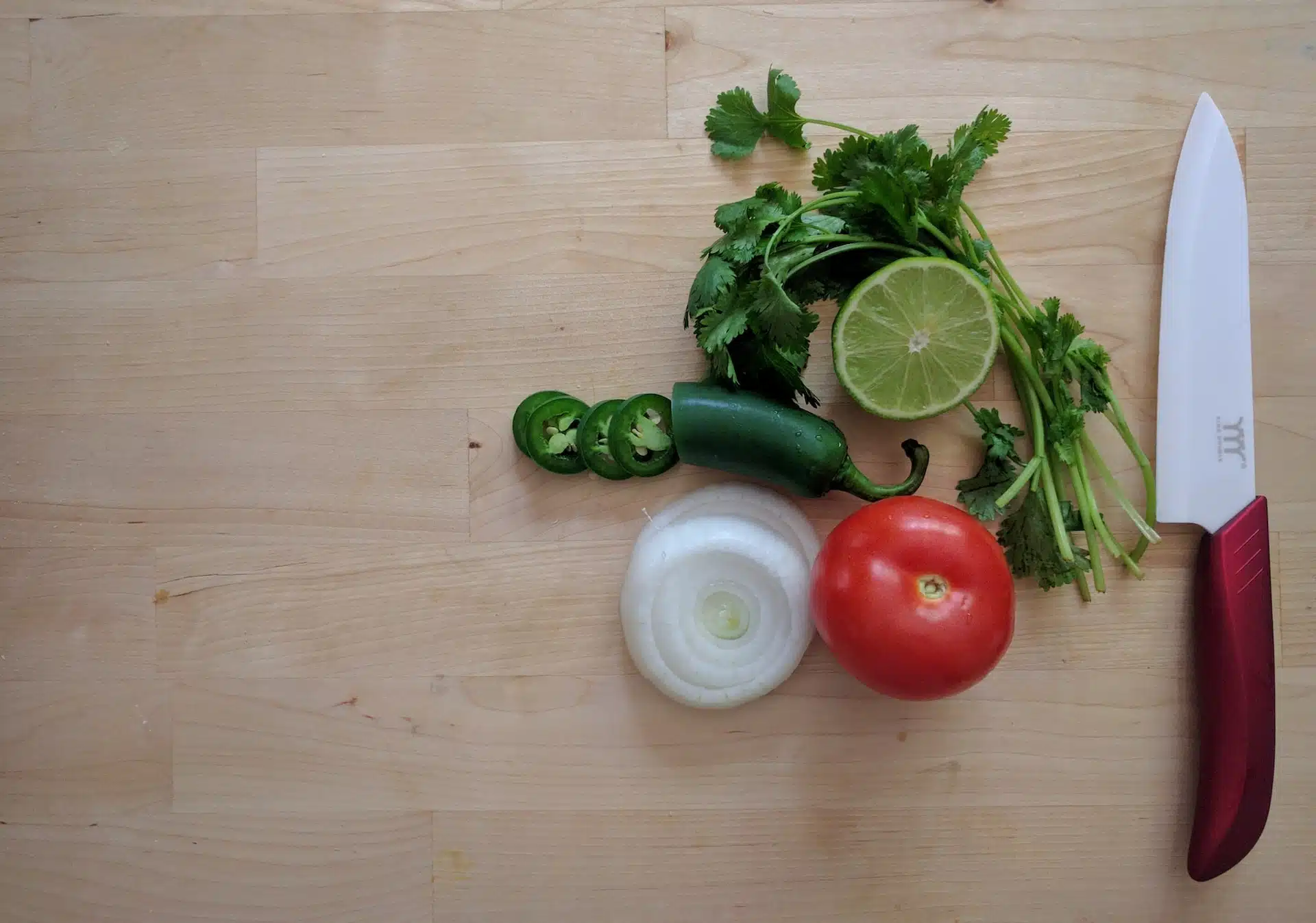 onion, tomato, sliced lime, cilantro to make salsa