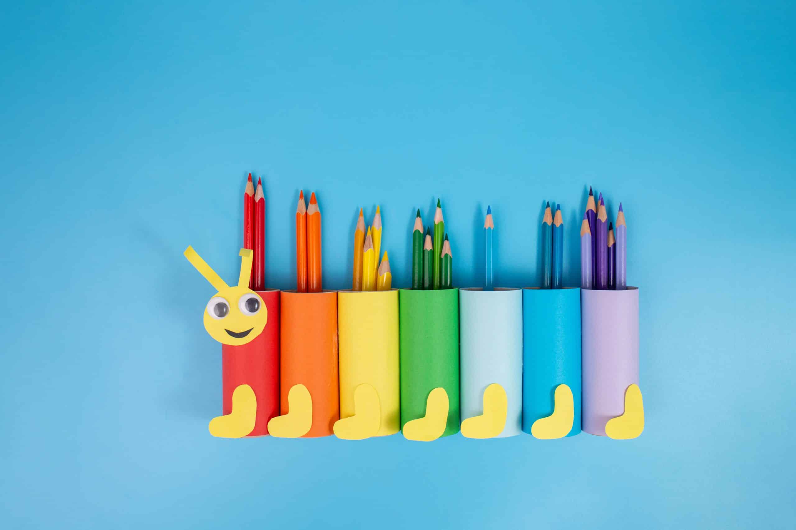 simple activity for kids, toilet paper roll craft, rainbow caterpillar figurine holder for pencils, reuse and recycled material concept