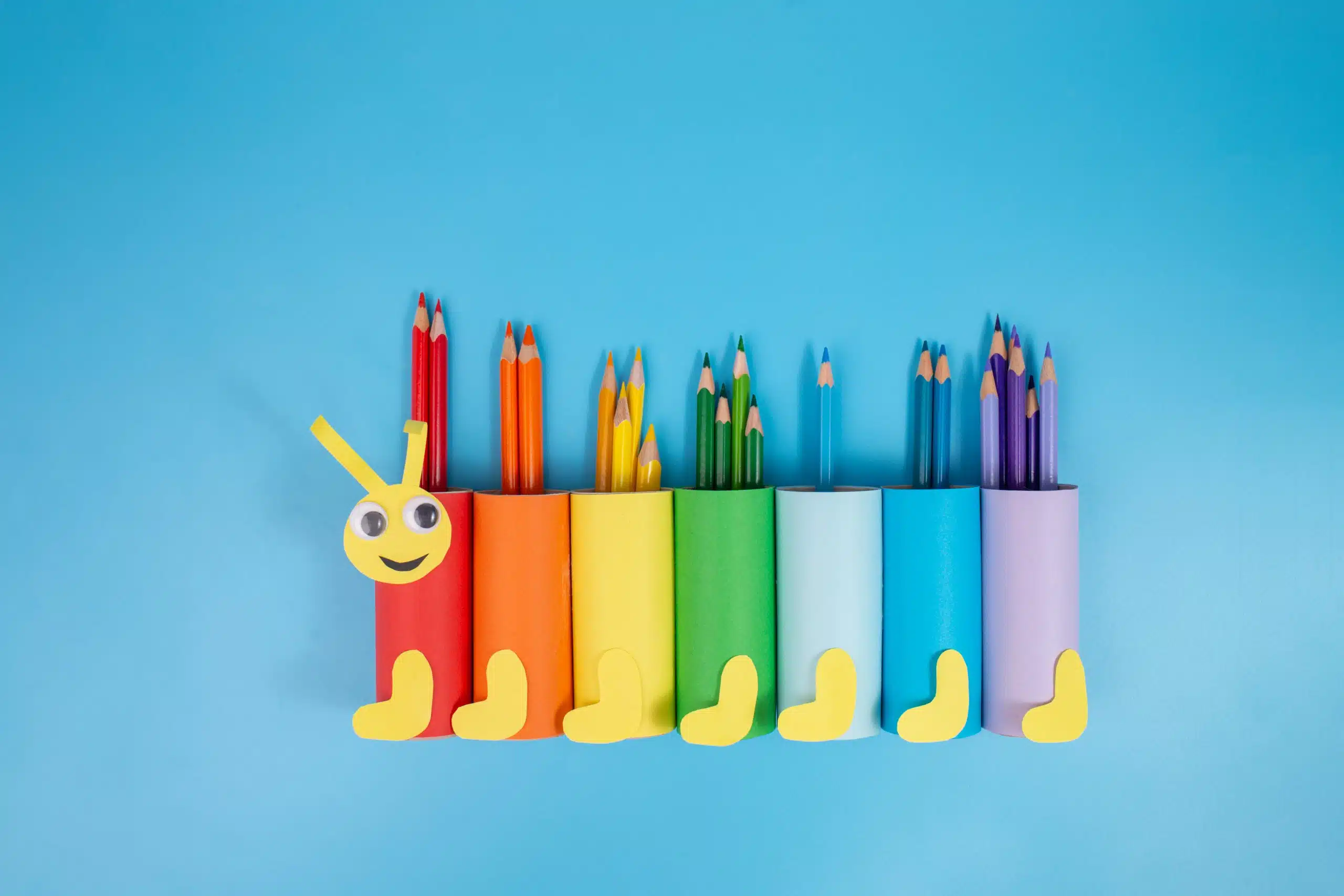 simple activity for kids, toilet paper roll craft, rainbow caterpillar figurine holder for pencils, reuse and recycled material concept