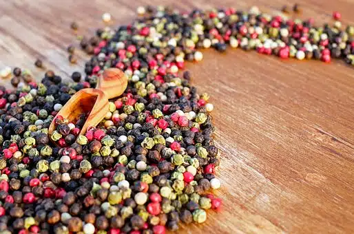 red, black, white, green peppercorns