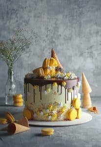 fancy chocolate drizzled white cake with flowers and ice cream cones