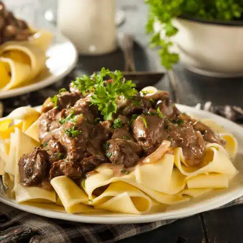Homemade Hearty Beef Stroganoff with Mushrooms and Noodles