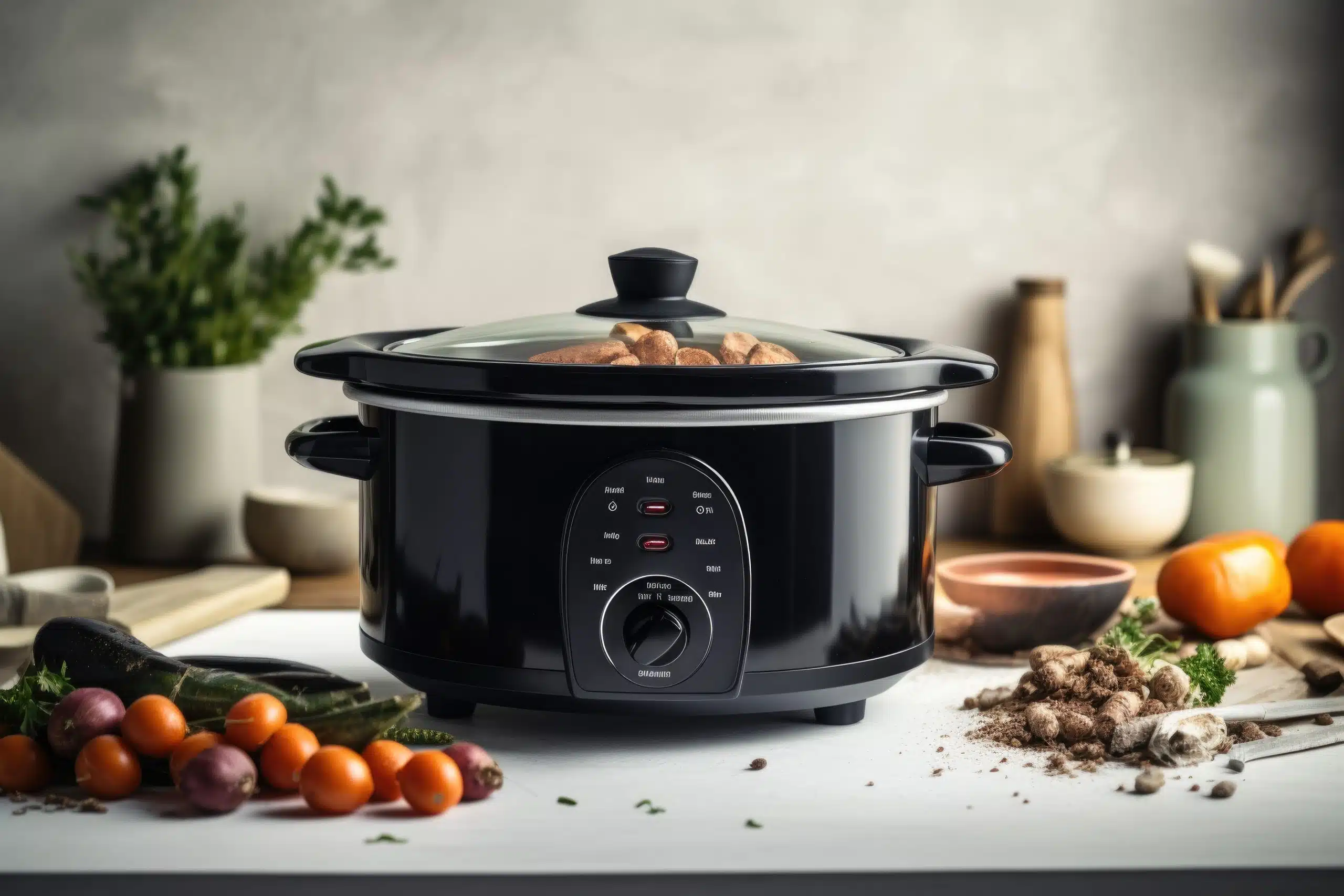 black crockpot on white counter