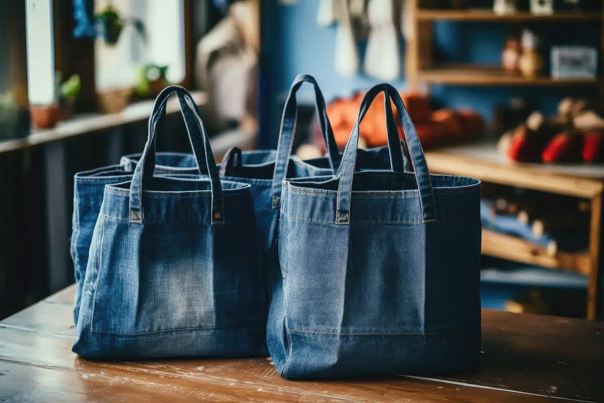 Handbags made from old jeans on a dressmaker table. DIY, denim upcycling, using old jeans, upcycle denim stuff. Sustainable lifestyle, hobby, crafting, recycling, zero waste concept.