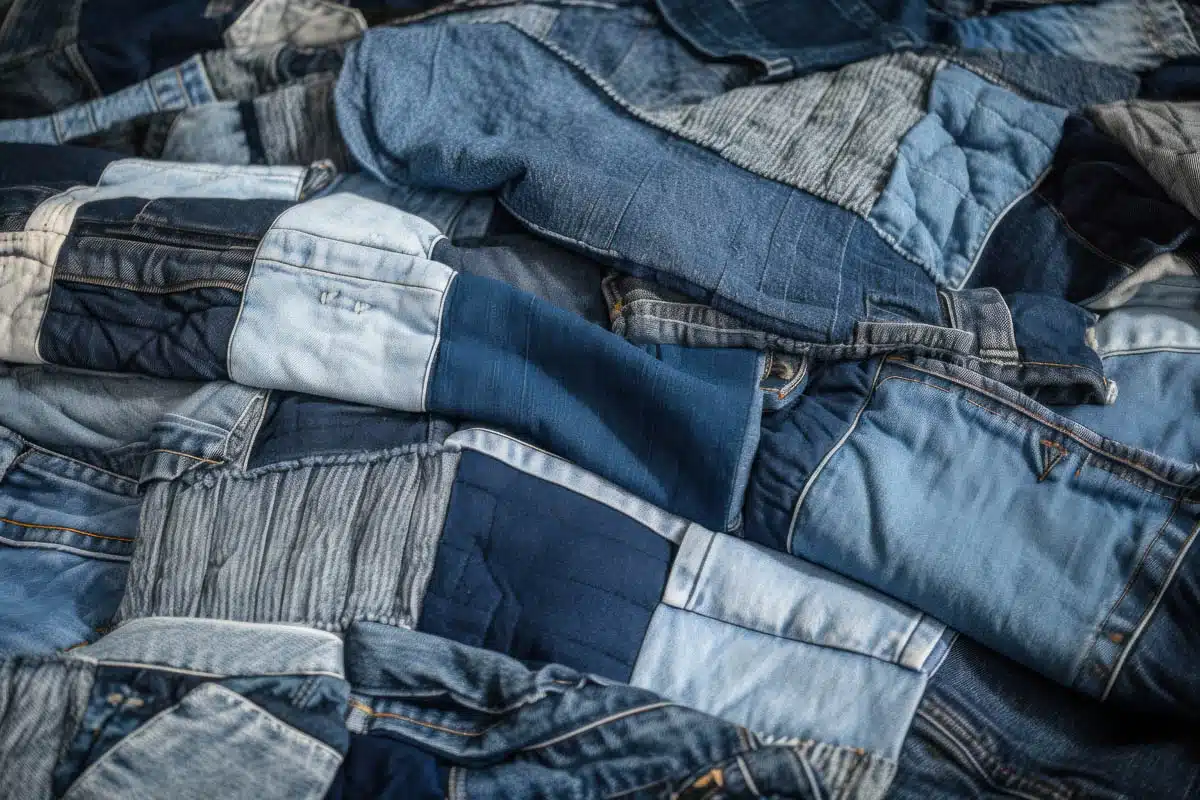 Patchwork quilt made of blue jeans sitting on top of a bed. AI generative image