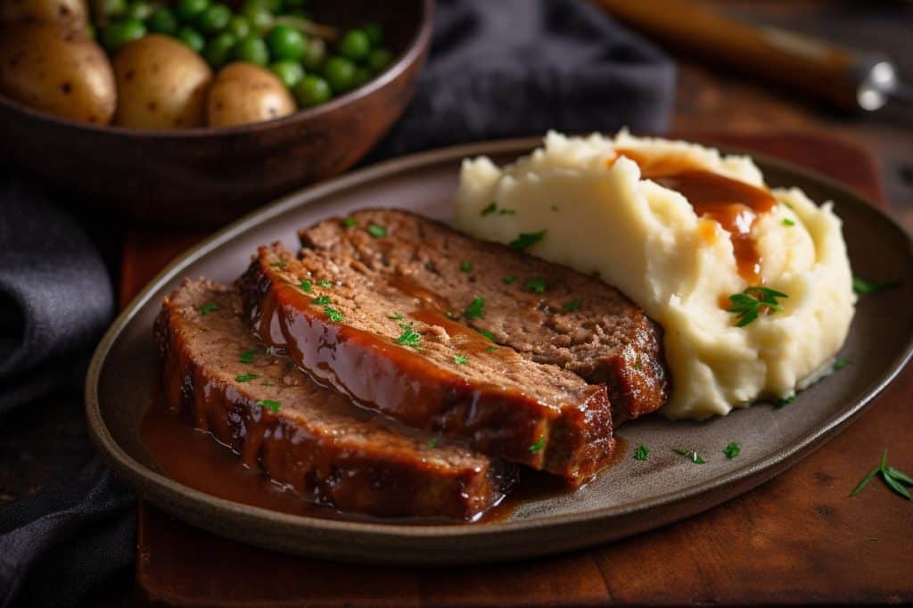 sliced classic meatloaf beside mashed potatoes and covered with gravy