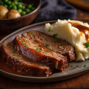 sliced classic meatloaf beside mashed potatoes and covered with gravy