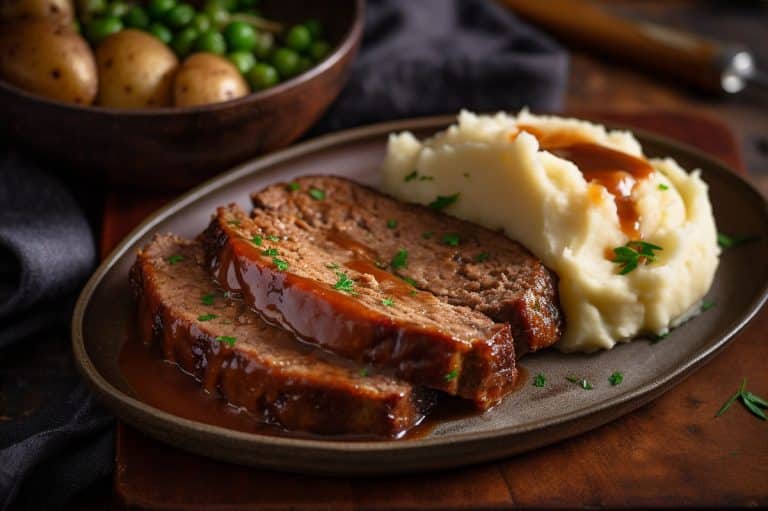 sliced classic meatloaf beside mashed potatoes and covered with gravy