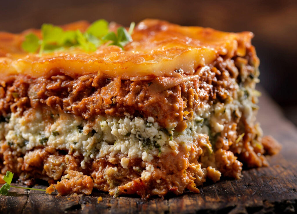 bison lasagna layered with ricotta cheese