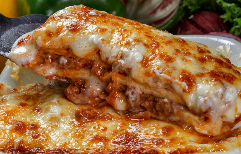 cheesy traditional lasagna with meat and red sauce