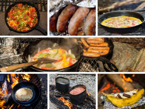 collage of campfire food with sausage, beans, pancakes, more