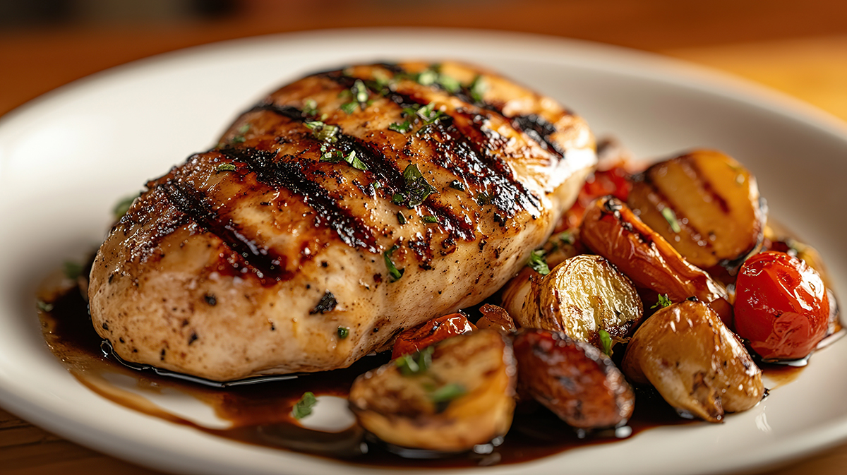 chicken breasts on white plate with balsamic glaze